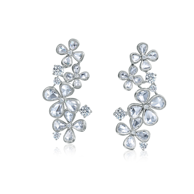 18K White Gold Rose-Cut Diamond Floral Drop Earrings